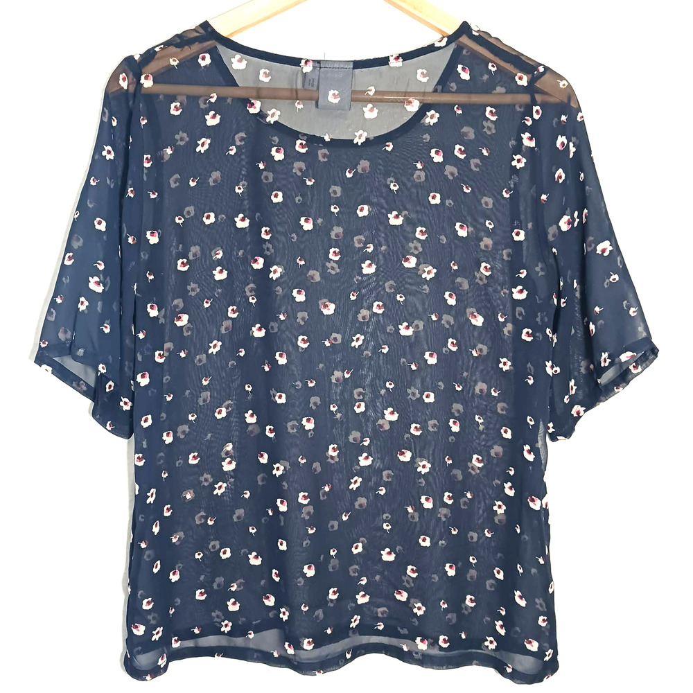 ICHI Sheer Summer Floral Short Sleeve Navy Pink Size 36/S Blouse